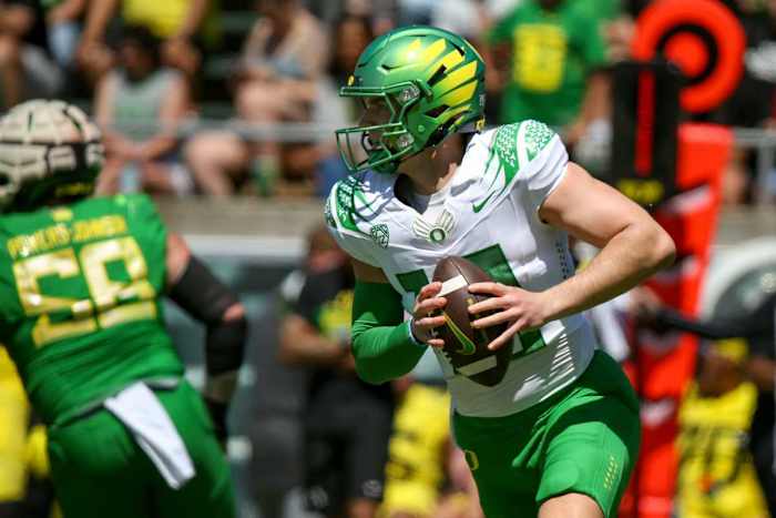 Oregon QB Bo Nix during the spring game in Eugene, Oregon, on April 29, 2023. (Photo by Ben Lonergan of the The Register-Guard)